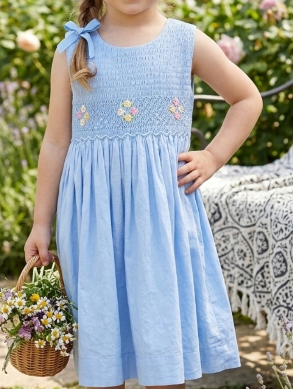 Fantaisie Kids Light Blue Smocked Floral Girls' Dress 6x